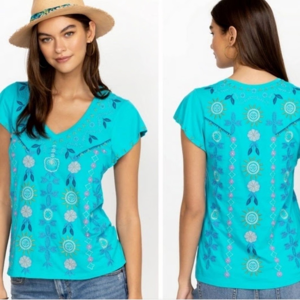 JOHNNY WAS Oriel Flutter Sleeve Tee Blue Bird Size XS, NWT